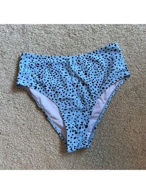 High-Waisted Blue and Black Polka Dot Bikini Bottoms, Size Medium